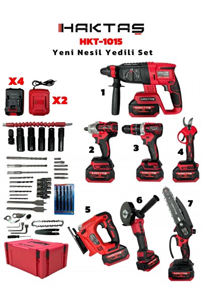 haktaş Yeni Nesil Kırmızı 7'li Profesyonel Şarjlı El Aletleri Seti | Full Aksesuar | 4 Batarya 2 Şarj Aleti