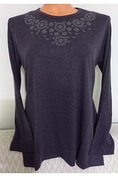 Anne Er Clothing Winter Cotton Combed Blouse Long Sleeve Crew Neck Stone Purple