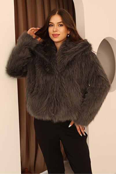 Nazline Women's Double Pocket Shawl Collar Fur Plush Coat