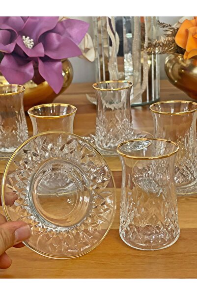 P&ORA PREMIUM KITCHEN PRODUCTS Lara Altin Gold Gilded (Real) 12 Piece Tea Set for 6 People Tea Set Gift Glass