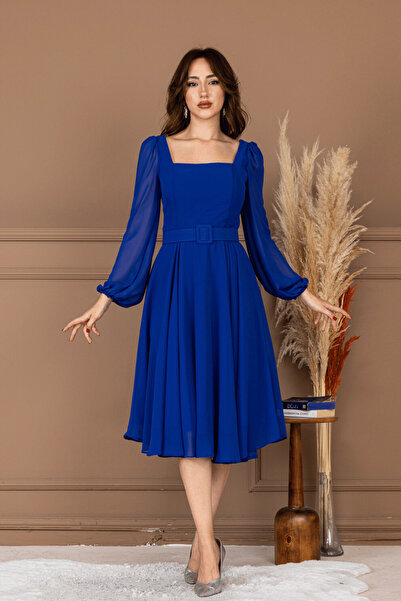 BEYBOS Φόρεμα μίντι με τετράγωνο γιακά από ύφασμα σιφόν κρεπ - SAKS BLUE