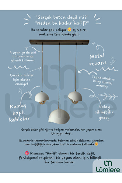lumiere Design Beton Görünümlü İskandinav Bohem 3’lü Sarkıt Avize - Yemek Masası Salon Avize + Ampul Dahil