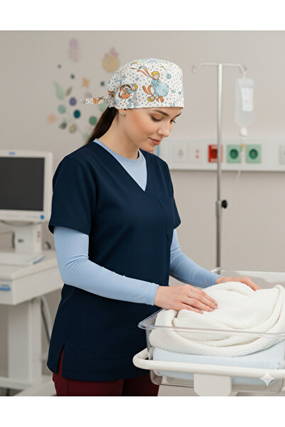 mirach 3-Piece Nurse Set Navy Blue Scrubs Prince Surgical Cap Light Blue Crew Neck Collared Sleeveless Fisherman