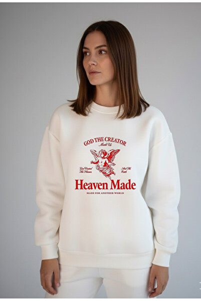 LORVEX سويت شيرت نسائي أبيض من القطن كبير الحجم مطبوع عليه Heaven Made