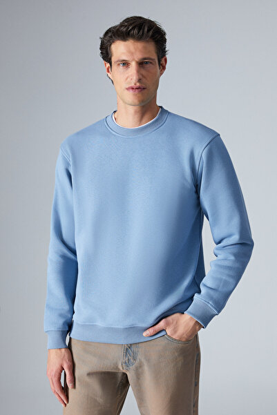 GRIMELANGE Travis Men's Organic Fabric Soft Regular Fit Round Neck Dark Blue Sweatshirt