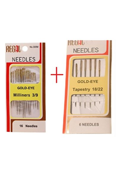 Regal Ace de cusut manuale, ochi alungit, aurii, set 16+6 buc.