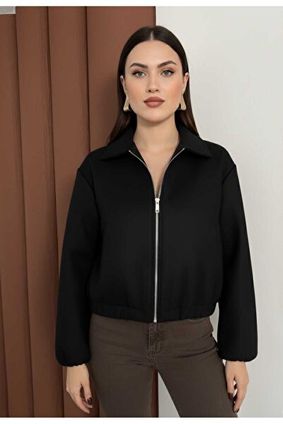 aytenli Polo Collar Zipper Closure Pocket Skirt Sleeves with Elastic Hem Imported Cashmere Lined Mini Crisp Bomber Jacket