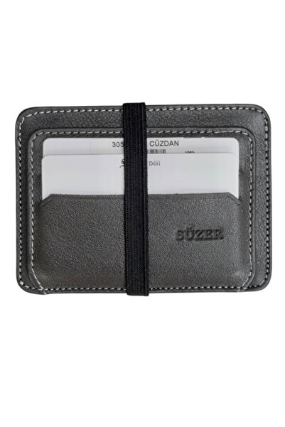 S.S SÜZER DERİ Elastic Two-Layer Mini Size Thin Slim Basic Model Genuine Leather Credit Card Holder Gray