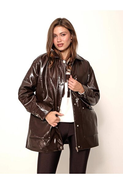 Coral جاكيت جلد طويل مع جيوب 0614 بني