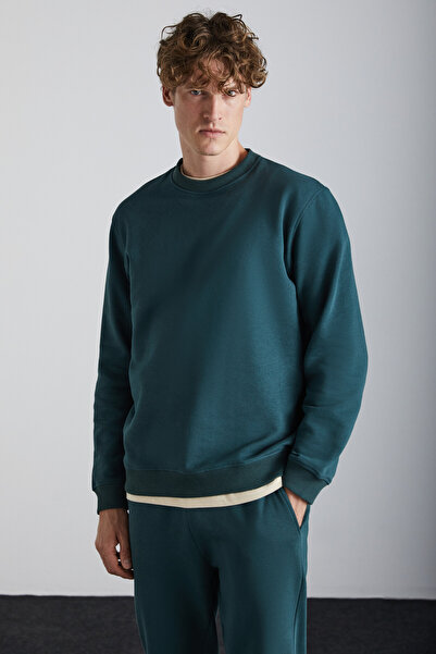 GRIMELANGE Travis Men's Organic Fabric Soft Regular Fit Round Neck Dark Green Sweatshirt