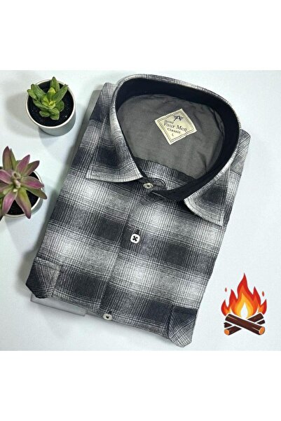 EREN STYLE Cămașă neagră clasică din țesătură de flanel de iarnă, 100% bumbac...