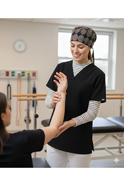 mirach 3-Piece Nurse Set Black Scrubs Labyrinth Surgical Cap Striped Stand-Up Collar Neck Collar Sleeveless Fisherman