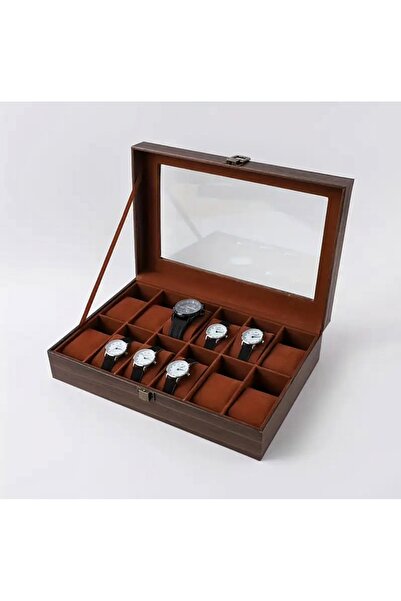 İsdeksan Premium, Wooden, with Glass, 12 Compartments, Suede Inside Watch Box
