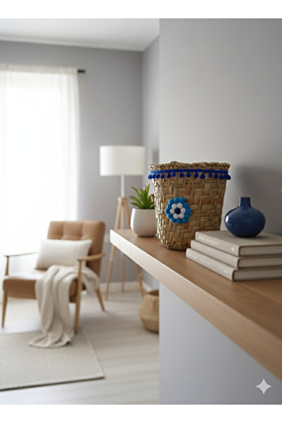 e&e süs dükkanı Декоративний плетений кошик з блакитними помпонами