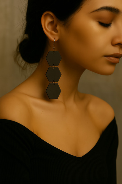bitangosu Triple Hexagonal Wooden Earrings – a Graceful Touch of Geometric Courage