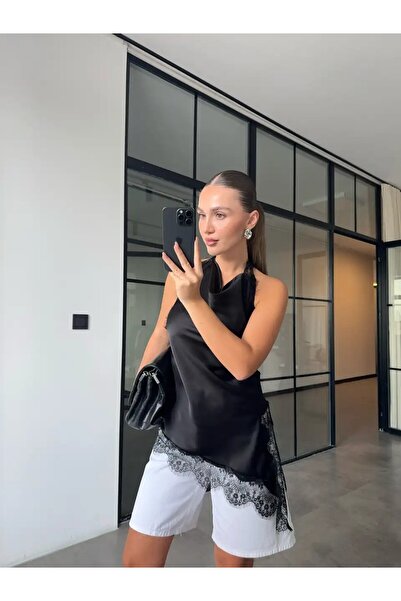 HARMONY GLOBAL Γυναικεία μπλούζα με λεπτομέρεια από μαύρη σατέν δαντέλα – Ασύμμετρη κοπή, κομψή και εκλεκτή μπλούζα 7585