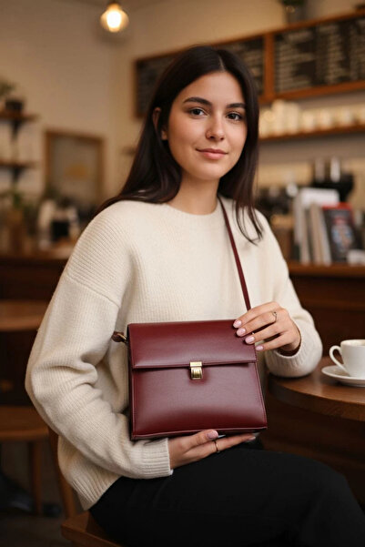 Glemix حقيبة كتف نسائية بتصميم عتيق من الجلد باللون العنابي من نيراسي