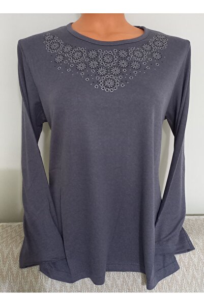 Anne Er Clothing Winter Cotton Combed Cotton Blouse Long Sleeve Crew Neck Stone Gray