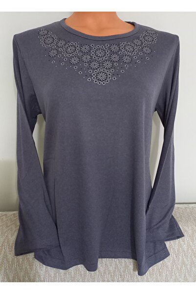 Anne Er Clothing Winter Cotton Combed Cotton Blouse Long Sleeve Crew Neck Stone Gray