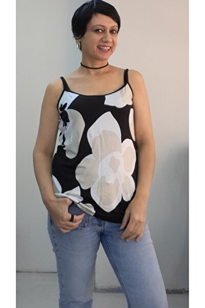 Mertcan Butik Black and White Ecru Patterned Rope Strap Combed Viscose T-Shirt