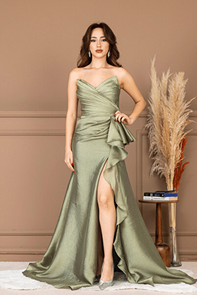 BEYBOS Μακρύ βραδινό φόρεμα από οργάντζα με σατέν κορδόνι στην πλάτη - ΠΡΑΣΙΝ...