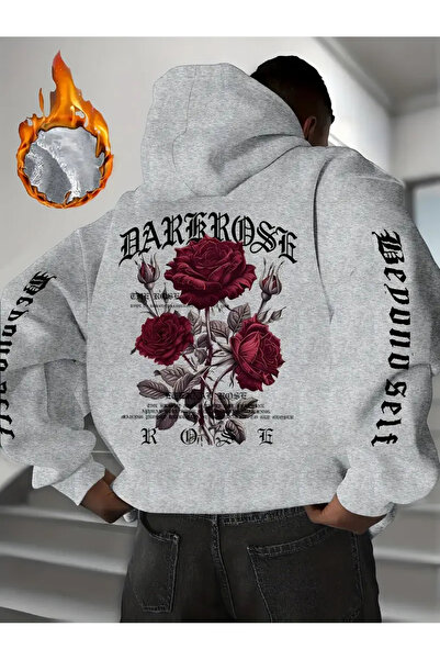 AEMİ Hanorac unisex cu glugă, imprimat cu trandafiri întunecați, oversize, 10...