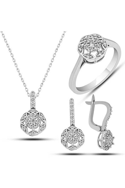 Gumush Gümüş Beyaz Zirkon Taşlı Çiçek Kadın Set