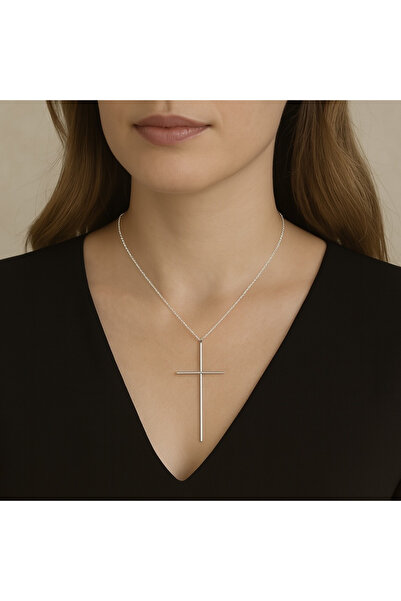ElectraStore Colier Oversized Argintiu Cu Pandantiv Cruce - C4246
