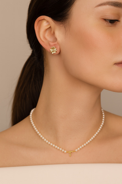 ElectraStore Pearl Necklace With Letter T Pendant - C4244