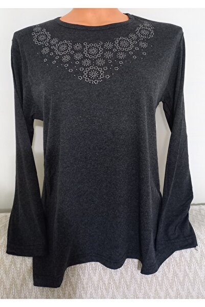 Anne Er Clothing Winter Cotton Blouse Long Sleeve Crew Neck Stone Smoked