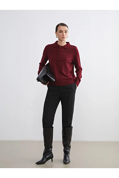 LC Waikiki Pulover tricot LCW Comfort bordó cu guler polo pentru femei