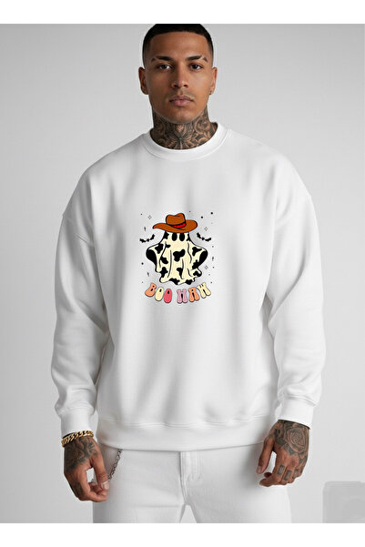 LORVEX Boo Haw Baskı Pulover supradimensionat din bumbac alb tricou