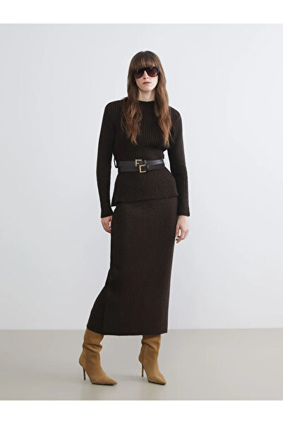 LC Waikiki Pulover tricotat pentru femei LCW Vision Brown guler ridicat cu centură