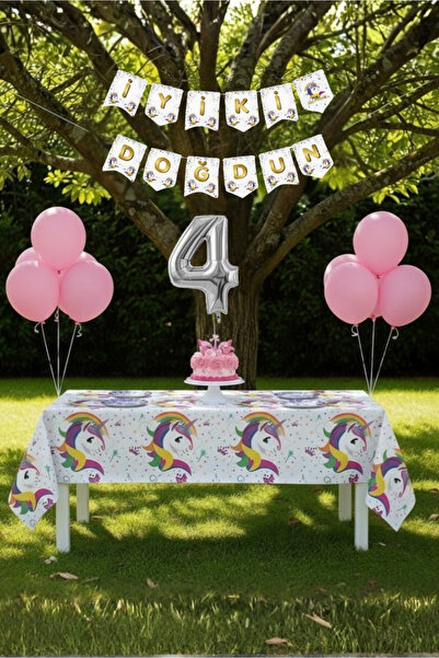 Umamiçe Unicorn Temalı 4 Yaş Doğum Günü Parti Seti – Masa Örtüsü + Banner + B...