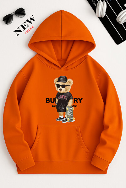 New Shine سويت شيرت بقلنسوة مطبوع عليه دمية دب