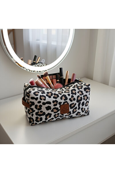 LUNİVAA HOME حقيبة مكياج وتخزين كبيرة مبطنة بنقشة الفهد البني