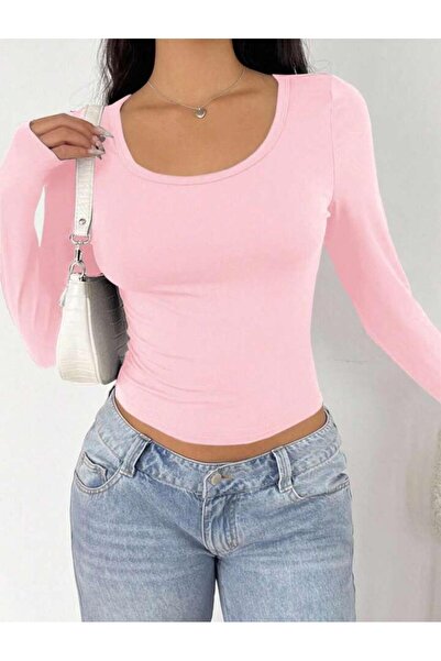 ÖZ PAMUK Square Neck Basic Plain Fabric Long Sleeve Lycra Blouse