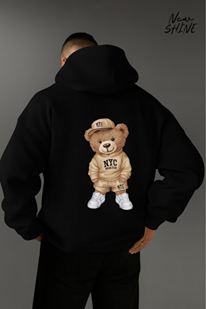 New Shine سويت شيرت بقلنسوة مطبوع عليه دمية دب