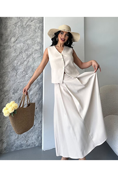 pembekurdelem Women's Vest Pleated Skirt Suit Stone