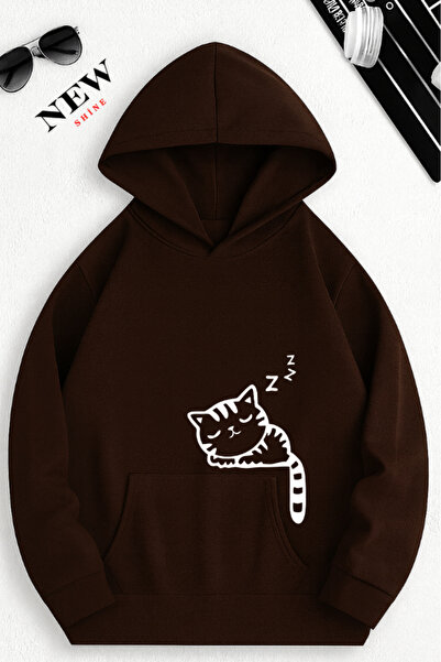 New Shine سويت شيرت بقلنسوة مطبوع عليه قطة نائمة