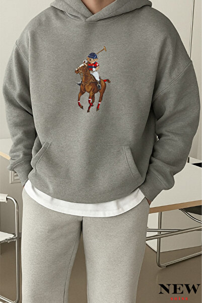 New Shine سويت شيرت بقلنسوة مطبوع عليه دب على حصان