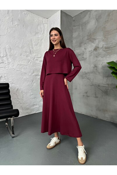 Elif Özbey Butik Bordo Modal Bluzlu İkili Takım Elbise