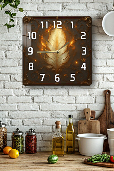 kutuTR Gold Leaf Themed Tempered Glass Square Clock 33X33 cm Size Uv Printing - Kcs087