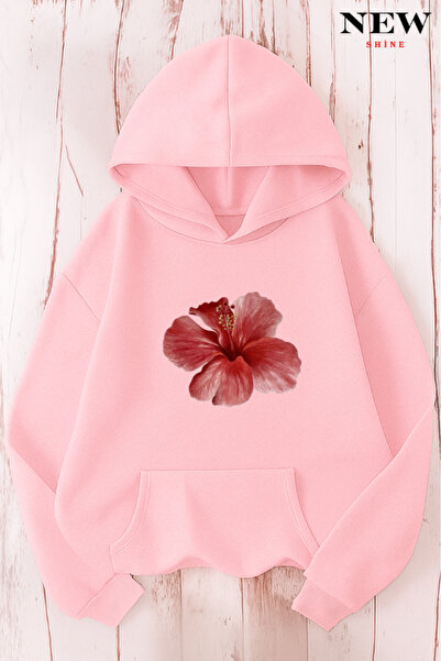 New Shine Розова суитшърт с качулка и флорален принт