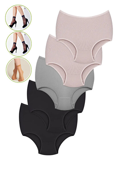 BEGATEKS Chiloți pentru femei cu talie înaltă, pachet de 5 - țesătură din bumbac și 3 perechi de șosete din Lycra
