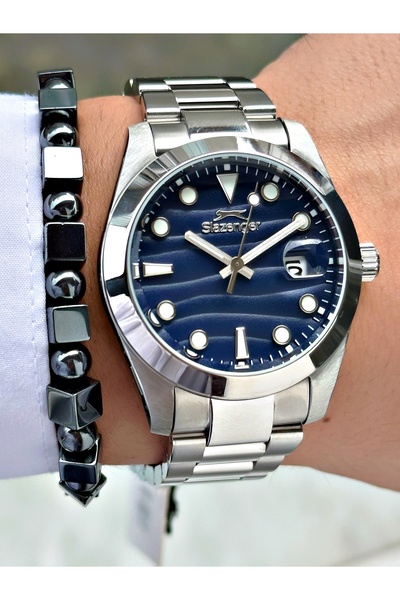 Slazenger Men's Wristwatch with Calendar Silver-Navy Blue Color 10 Atm Water Resistance Phosphorescent Steel Case 2491.01Mr