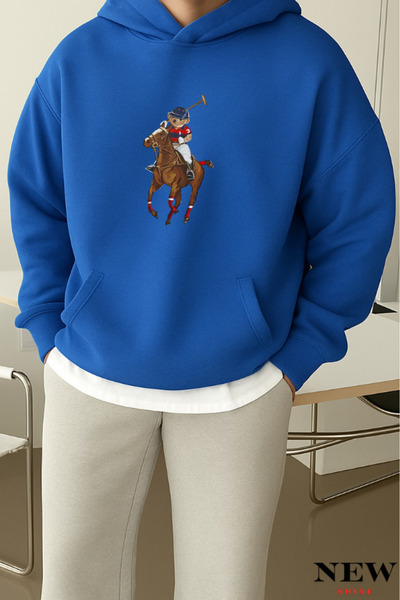 New Shine سويت شيرت بقلنسوة مطبوع عليه دب على حصان