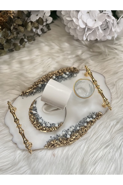 RESİNARTSHOP Epoksi Damat Tepsisi Seti Ayna Taşlı