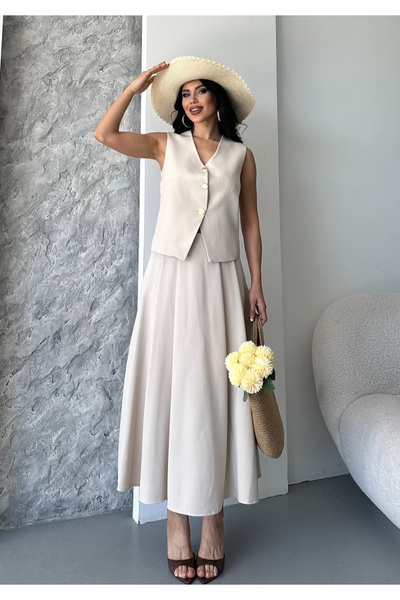 pembekurdelem Women's Vest Pleated Skirt Suit Stone