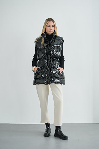 Molly Nelly Women's Zippered Snap Fastener Shiny Puffer Vest